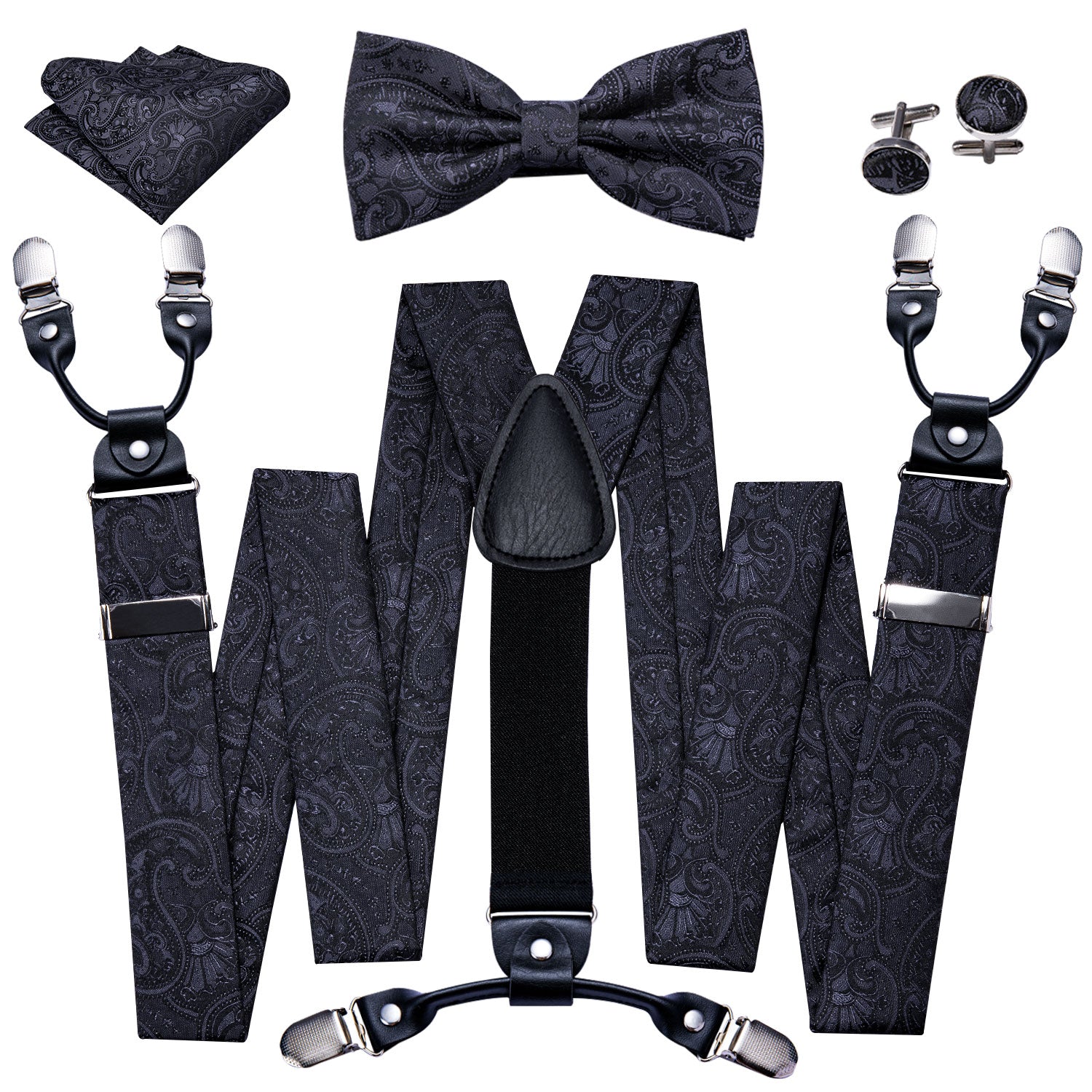 Barry. Wang Black Tie Floral Y Back Adjustable Bow Tie Suspenders Set