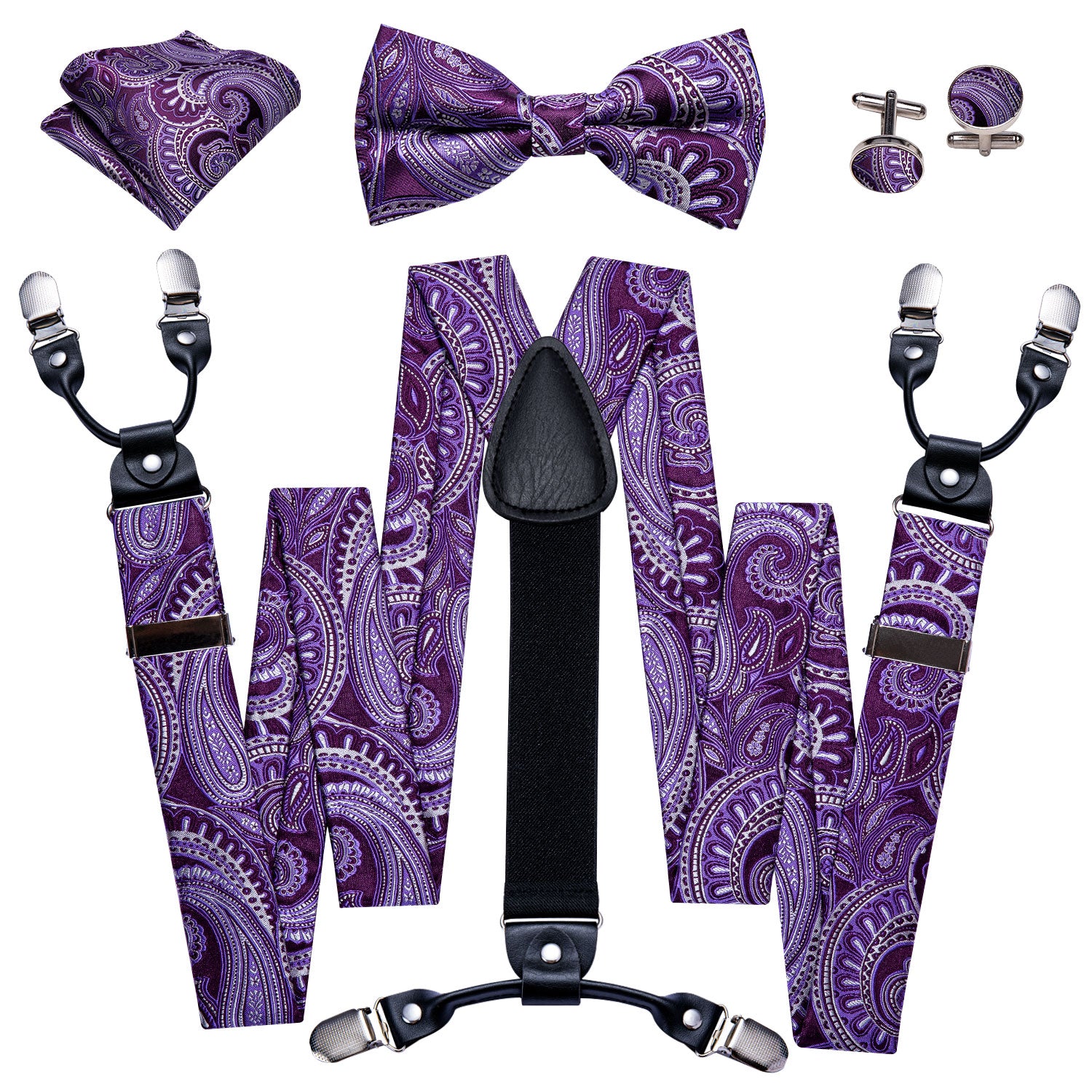 Barry. Wang Purple Tie Paisley Y Back Adjustable Suspenders Bow Tie Set