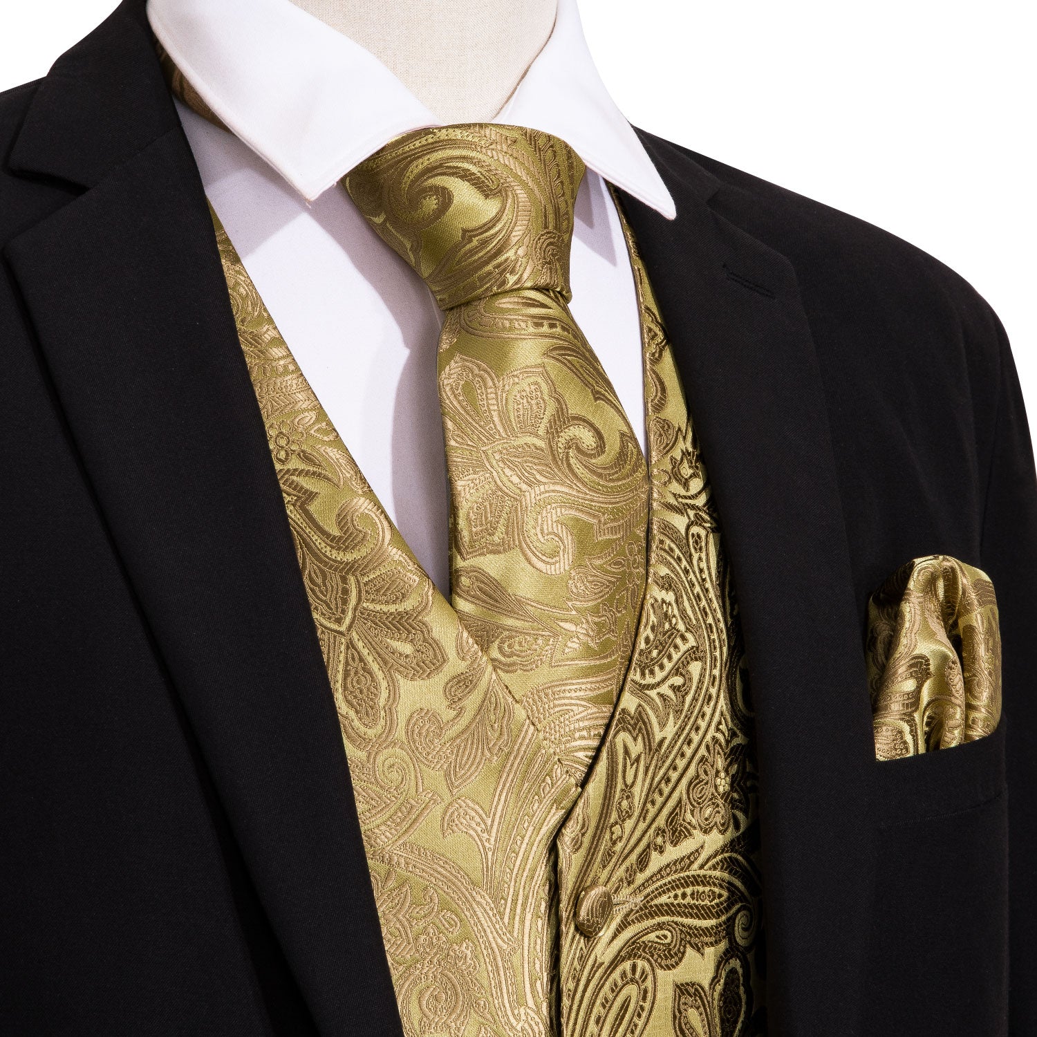 gold floral vest with black suit tan vest