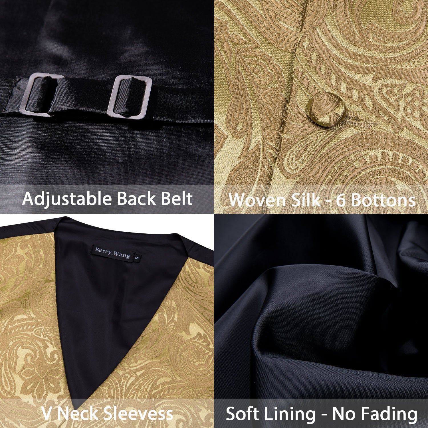 Barry Wang Men's Gold V Neck Vest Tie Handkerchief Cufflink Set