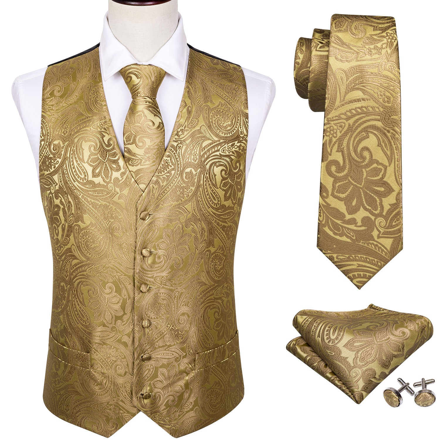 white shirt and gold vest necktie pocket square and cufflinks set