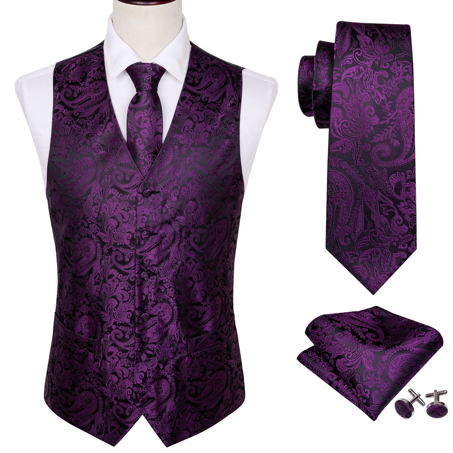 white shirt and purple vest necktie pocket square cufflinks set