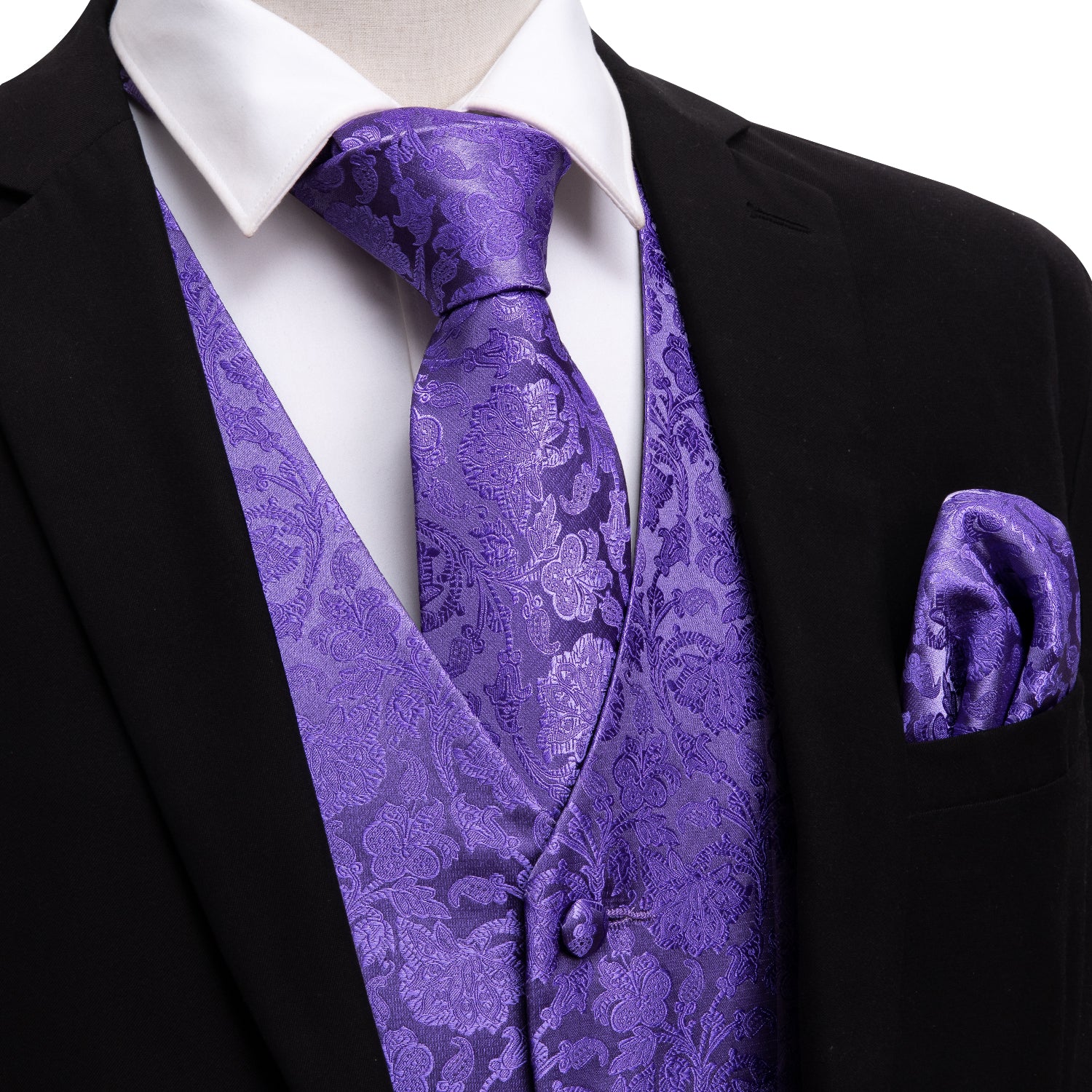 Lavender Purple Floral Silk Vest Necktie Set