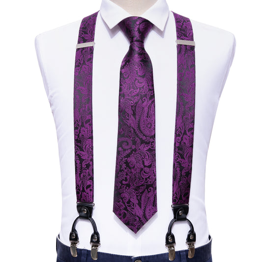 Black Purple Paisley Y Back Adjustable Suspenders Tie Set