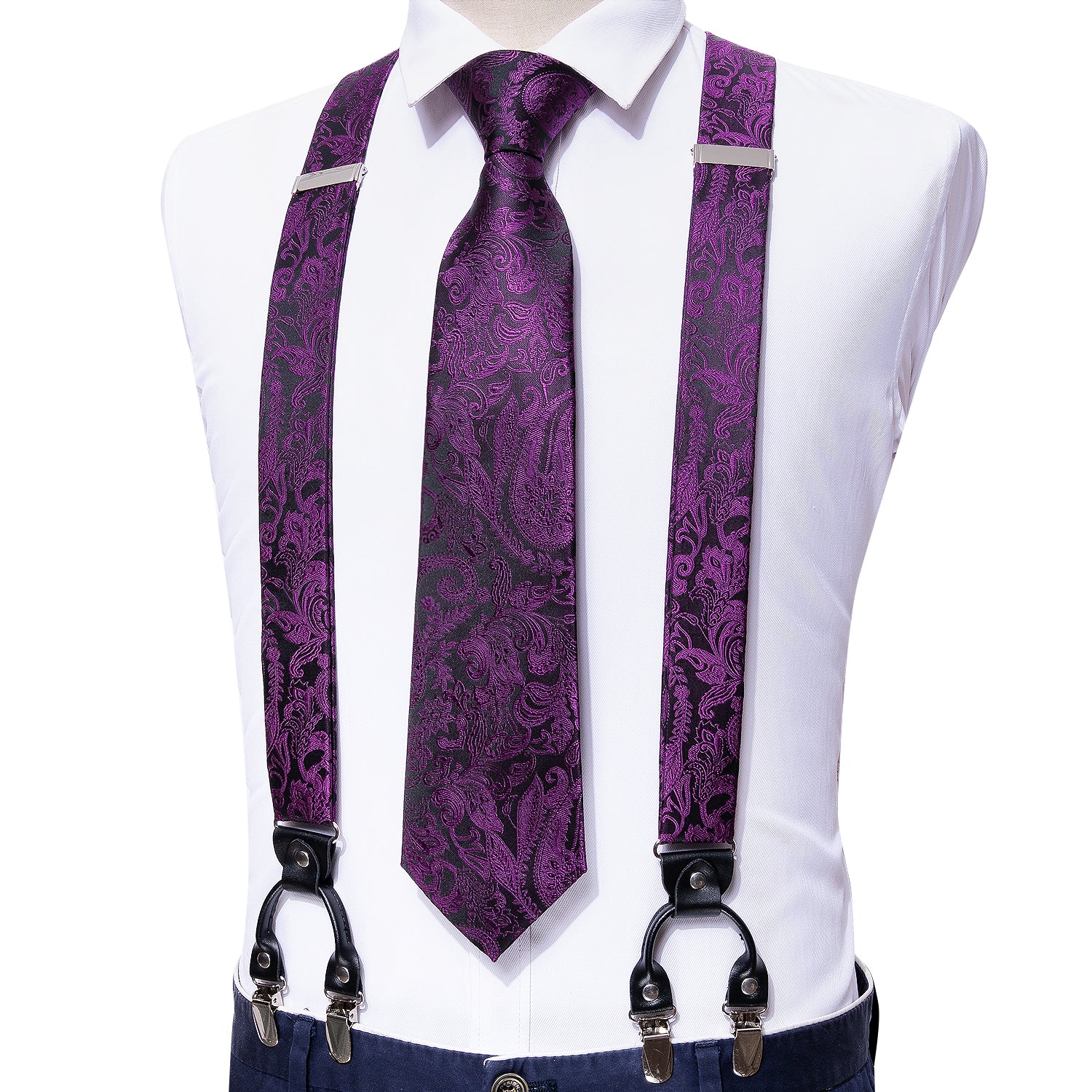 Black Purple Paisley  Y Back Adjustable Suspenders Tie Set
