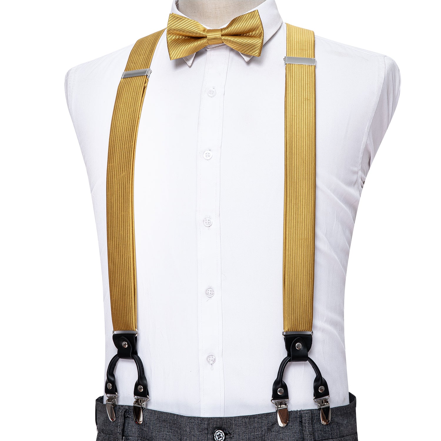 Yellow Solid Y Back Adjustable Men's Suspenders Bow Tie Set