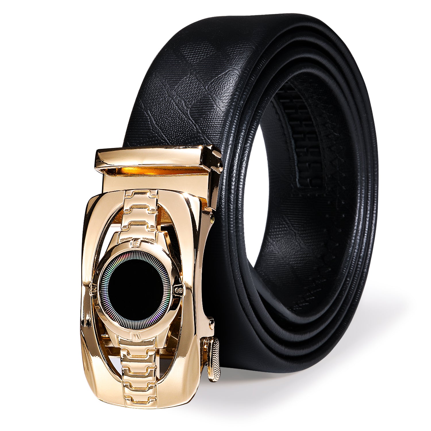 Barry. Wang Men's Leather Ratchet Belt 1 3/8" Adjustable For Dress Casual With Gold Circle Metal Buckle