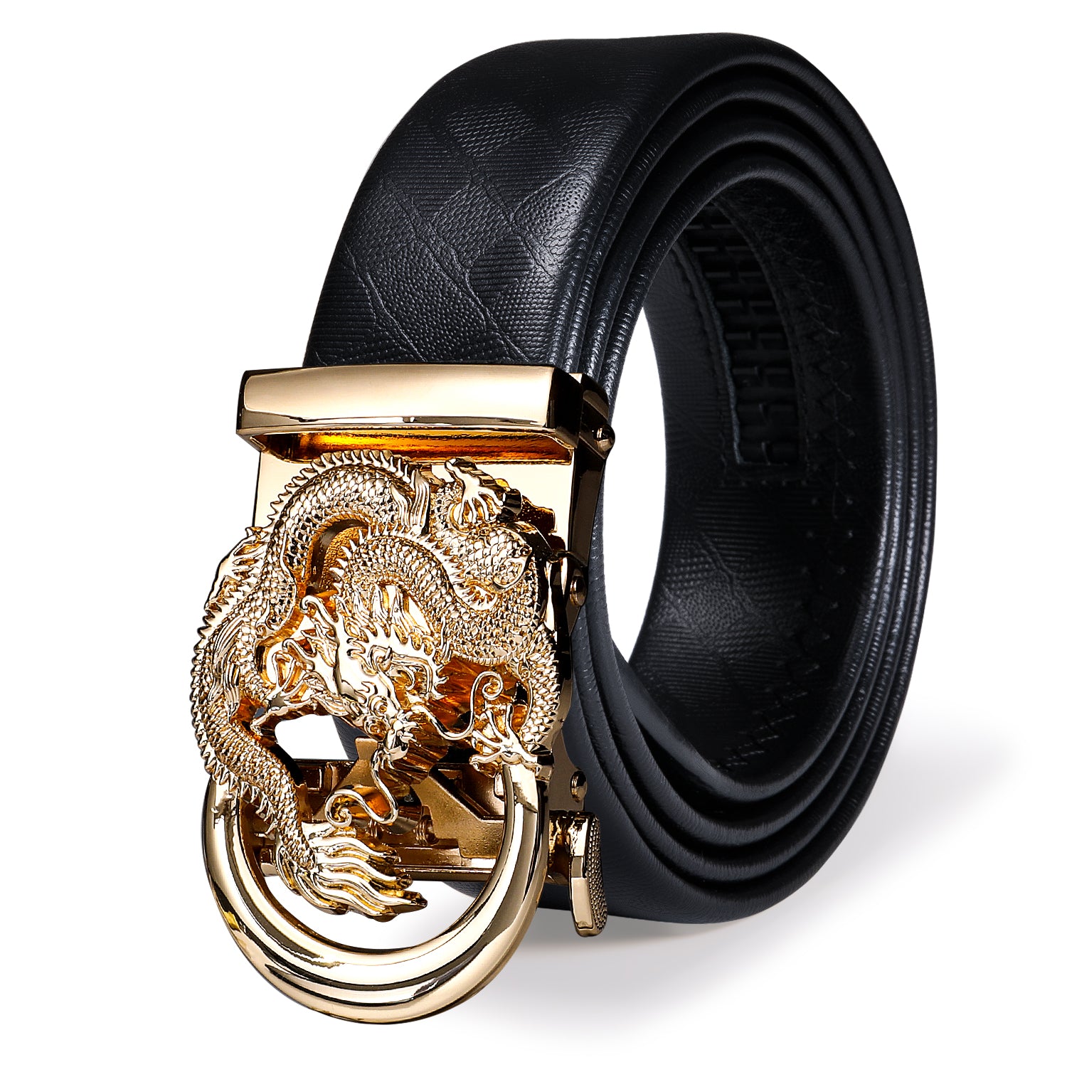 Barry. Wang Men's Leather Slide Ratchet Adjustable Belt For Gift With Golden Dragon Metal Buckle