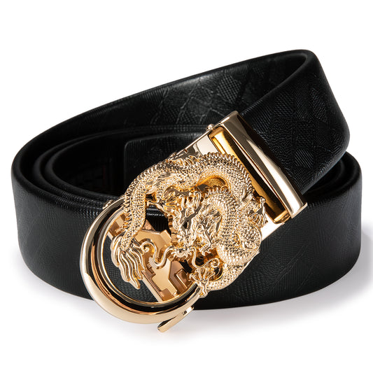 Barry. Wang Men's Leather Slide Ratchet Adjustable Belt For Gift With Golden Dragon Metal Buckle