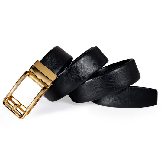 Barry. Wang Men's Belt Genuine Leather Ratchet Adjustable Belt Golden Square Metal Buckle,Trim to Fit