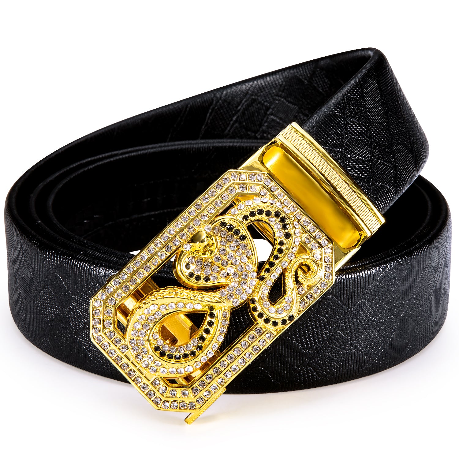 Golden Diamond Metal Automatic Buckle Black Leather Belt 43 inch to 63 inch