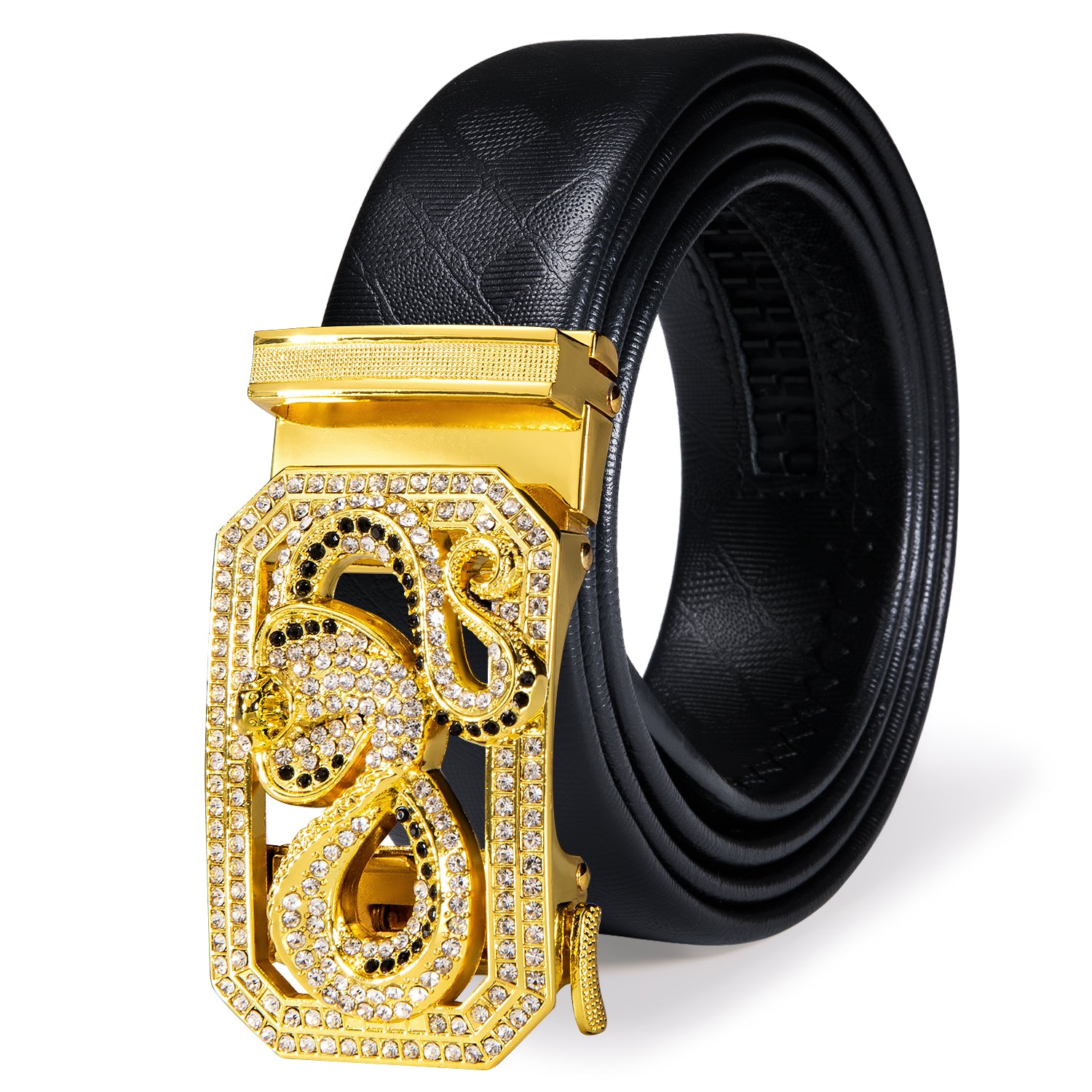 Golden Diamond Metal Automatic Buckle Black Leather Belt 43 inch to 63 inch