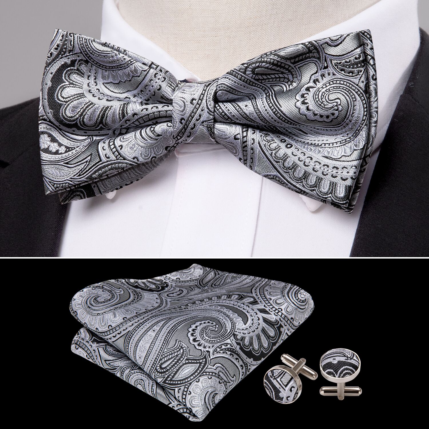 Barry. Wang Grey Bowtie for Men Paisley Jacquard Silk Pre-tied Bow Tie for Wedding Hanky Cufflinks Set