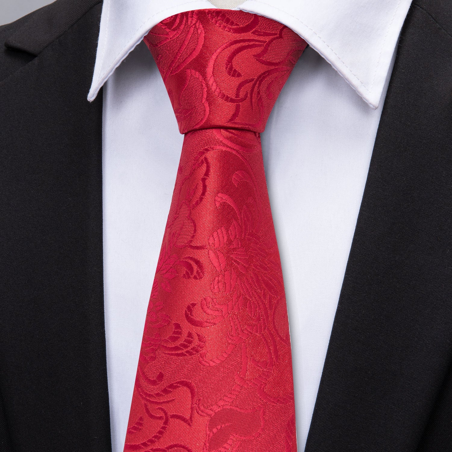 Wedding Red Floral Tie Pocket Square Cufflinks Set