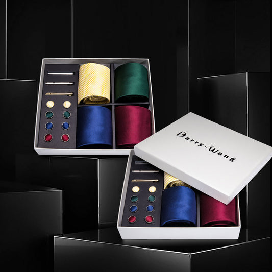 Barry. Wang Men Ties Red Blue Solid Silk Men Wedding Necktie Pocket Square Gift Box Set