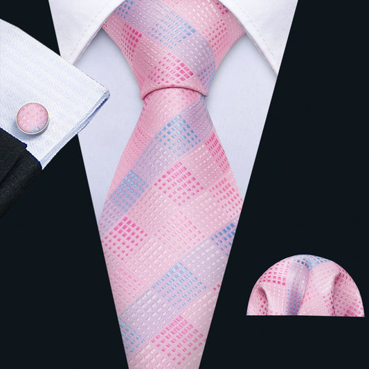 Barry Wang Pink sky blue purple Plaid Silk Men's Tie Pocket Square Cufflinks Set