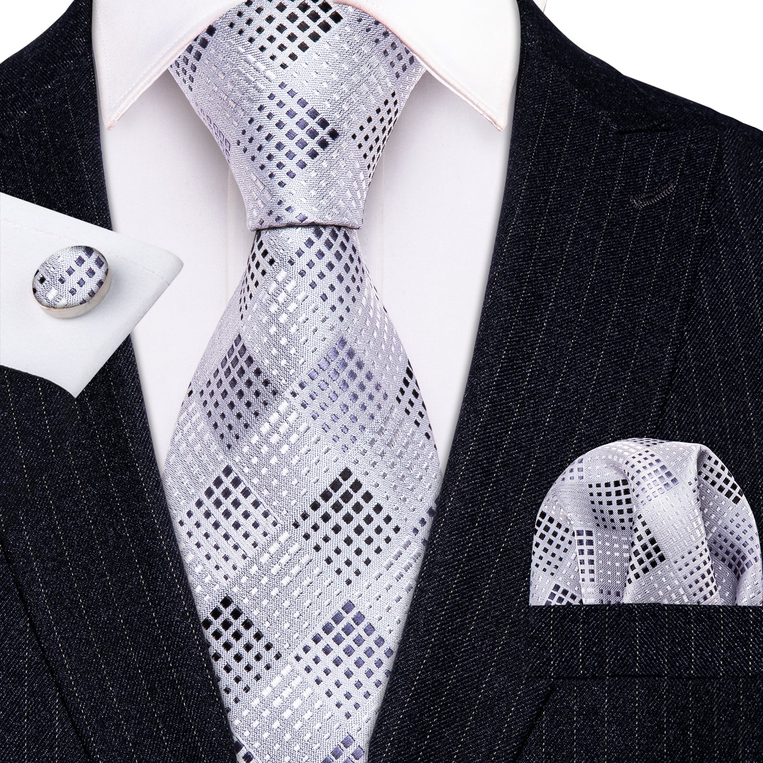 Silver White Plaid Silk Men's Tie Pocket Square Cufflinks Set