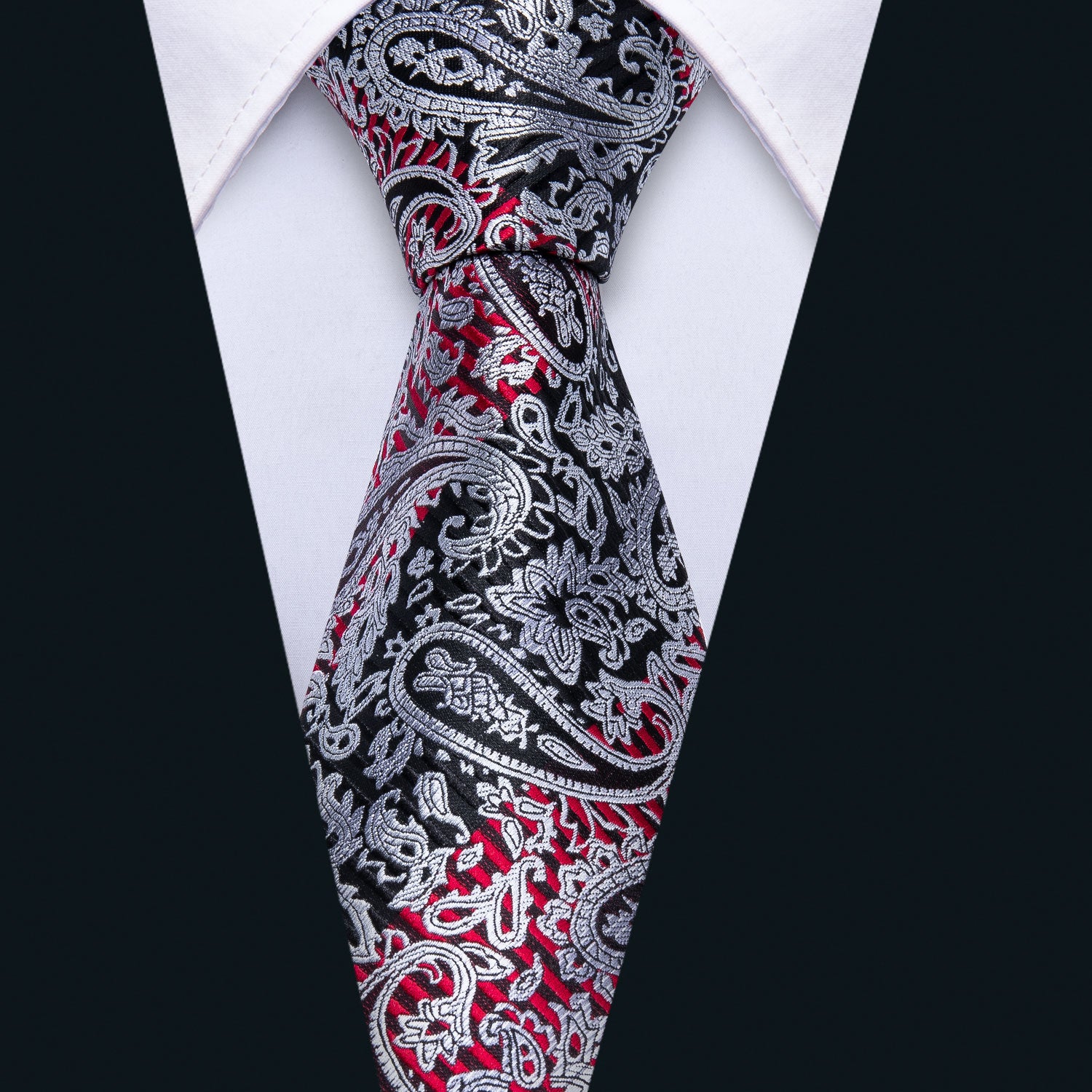 Barry. Wang Black Tie Silver Red Line Paisley Silk Men's Tie Pocket Square Cufflinks Set