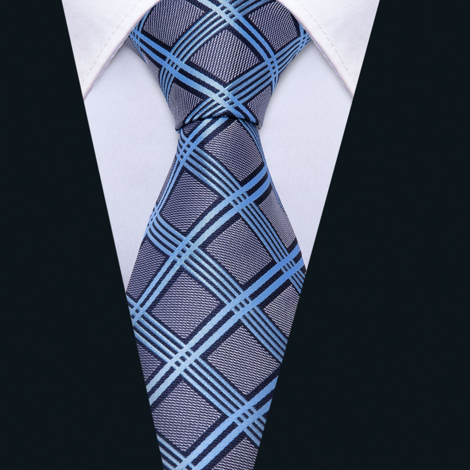 Grey Blue Plaid Silk Men's Tie Pocket Square Cufflinks Set