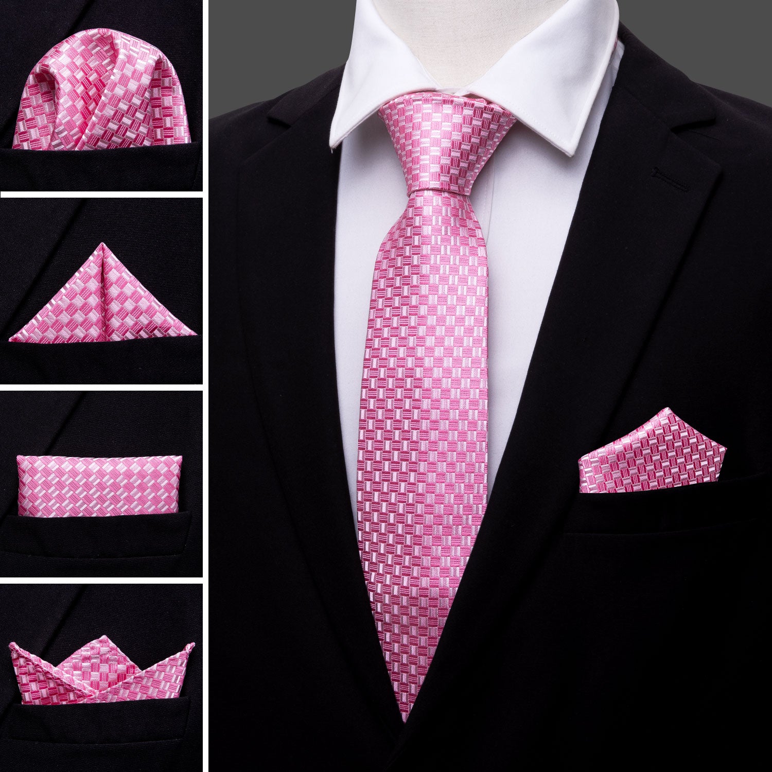 Pink Plaid Silk Men's Tie Pocket Square Cufflinks Set