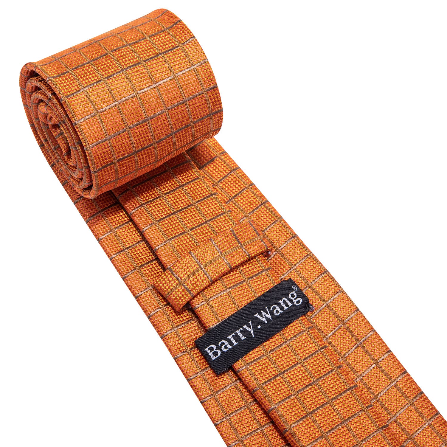 Orange Plaid Silk Tie Pocket Square Cufflinks Set