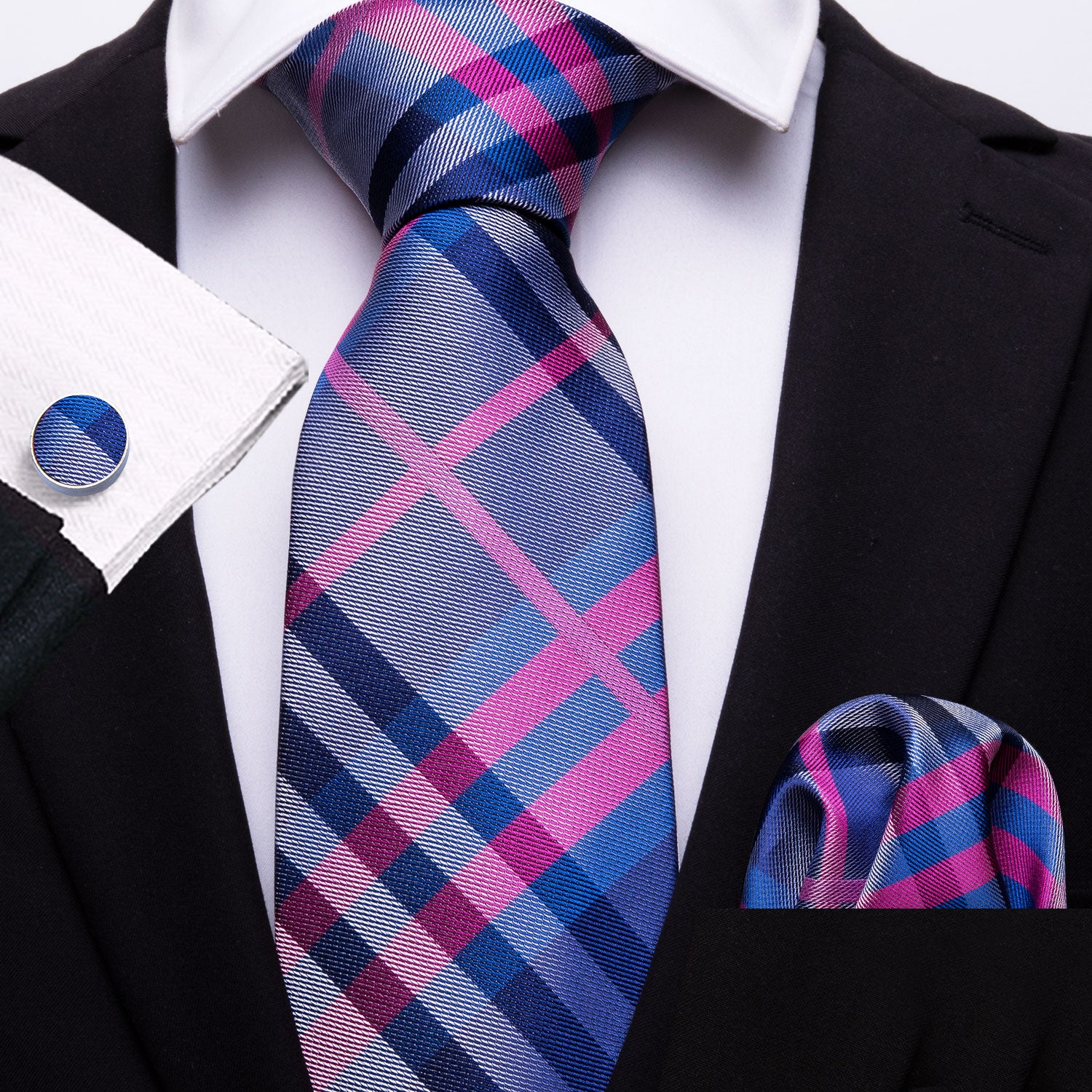 Men Necktie Red Blue Stripe Tie Pocket Square Cufflinks Set