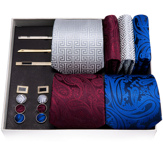 Barry. Wang Blue Burgundy Silver Paisley Silk Wedding Necktie Pocket Square Gift Box Set
