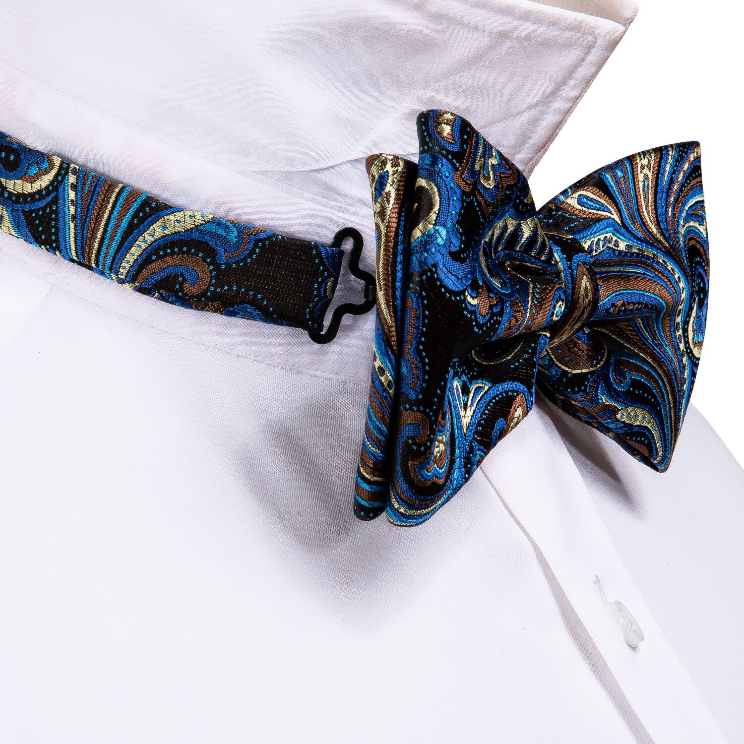 Blue Brown Paisley Pre-tied Bow Tie Hanky Cufflinks Set
