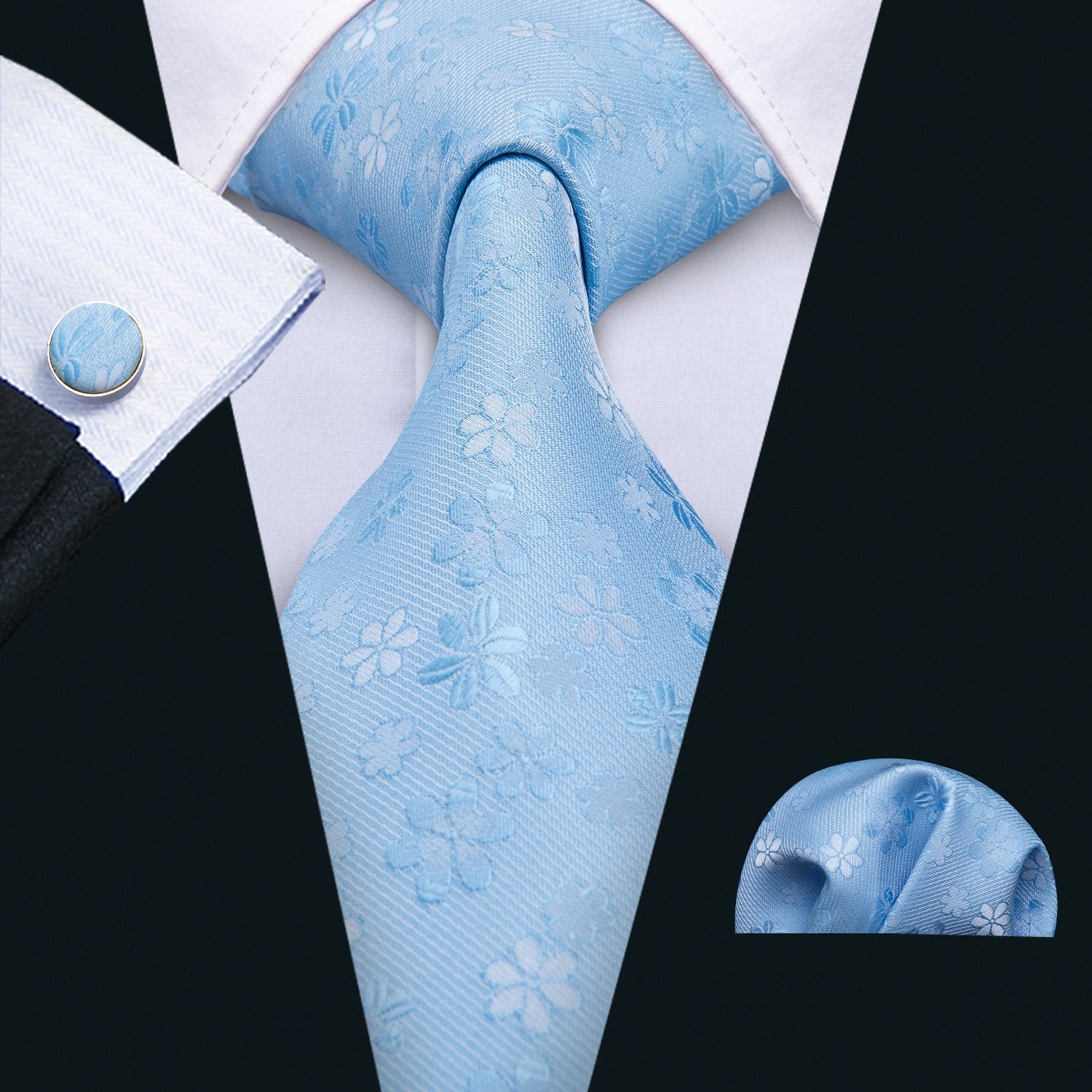Skyblue Floral Tie Hanky Cufflinks Set - barry-wang