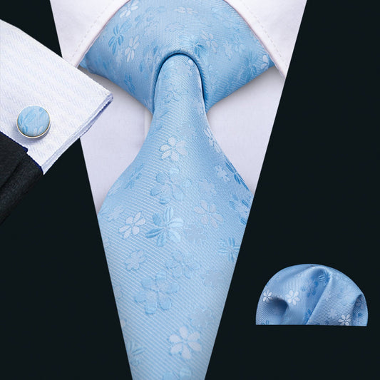Skyblue Floral Tie Hanky Cufflinks Set - barry-wang