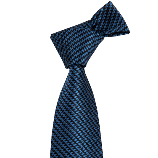 Barry Wang Ocean Blue Houndstooth Silk Fabric Tie Hanky Cufflinks Set