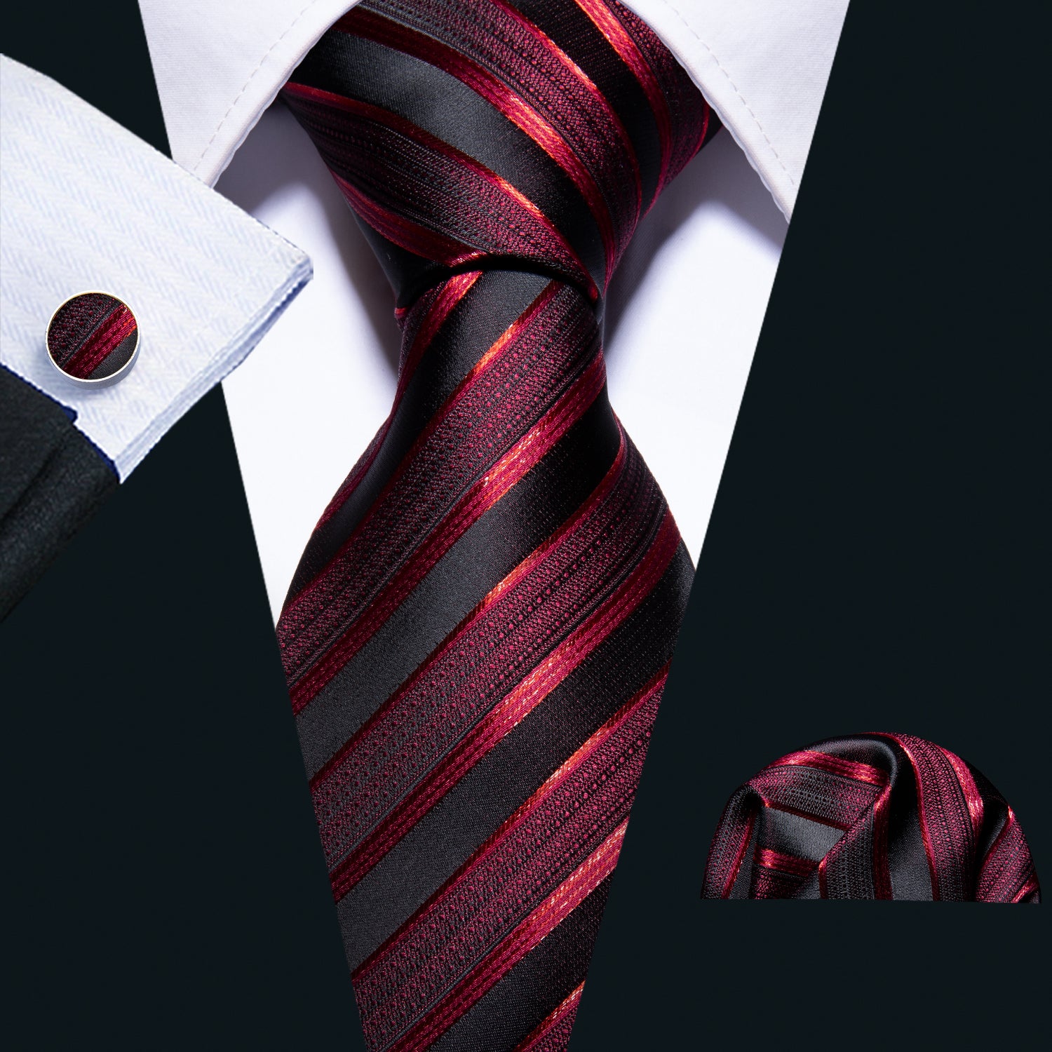 Barry.wang Red Tie Classic Stripe Silk Tie Pocket Square Cufflinks Set