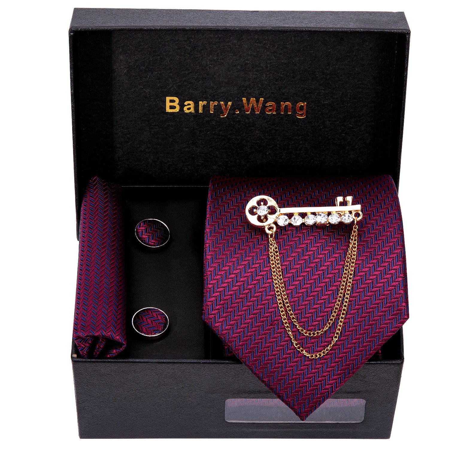 Barry. Wang Red Blue Striped Necktie Alloy Lapel Pin Brooch Pocket Square Cufflinks Gift Box Set