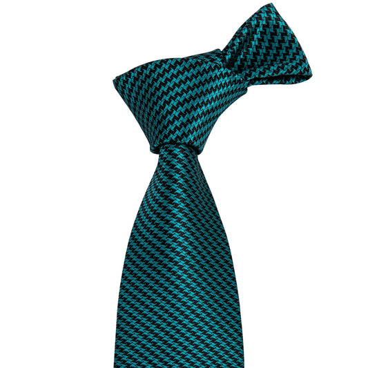 Turquoise Houndstooth Silk Fabric Tie Hanky Cufflinks Set