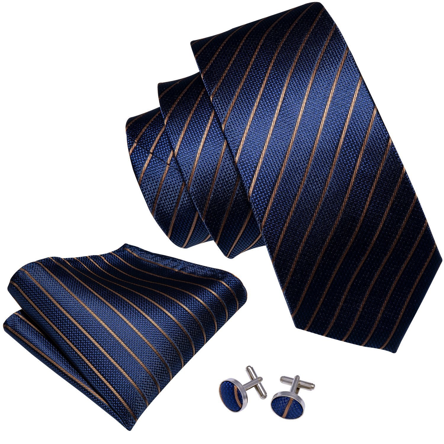 Barry Wang Blue Tie Golden Striped Men's Tie Set with Lapel Pin Brooch