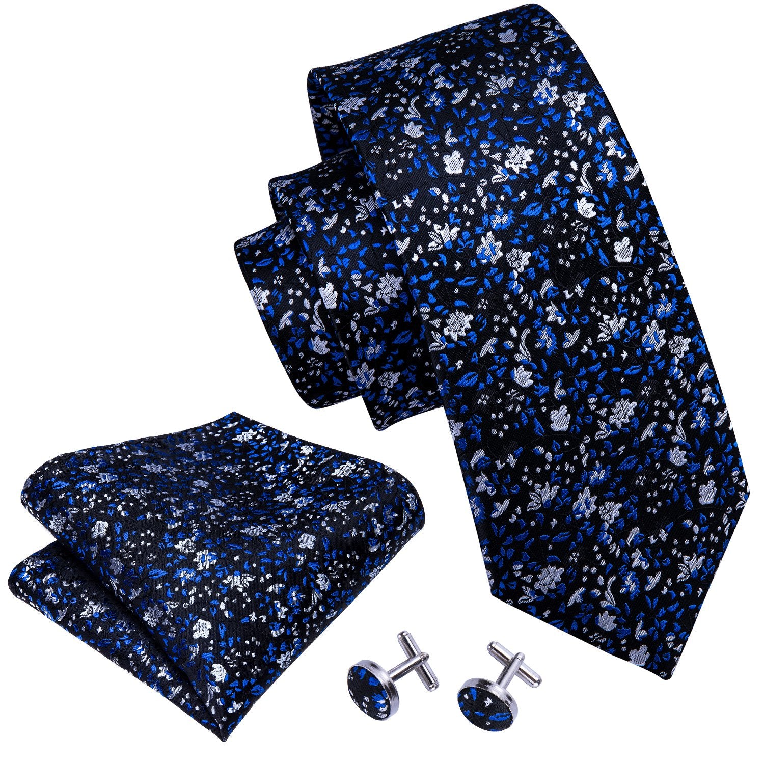 Blue Floral Silk Fabric Tie Hanky Cufflinks Set - barry-wang
