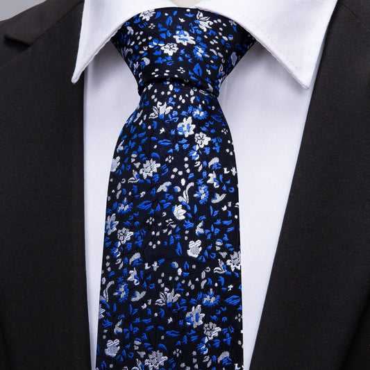 Blue Floral Silk Fabric Tie Hanky Cufflinks Set - barry-wang navy ties