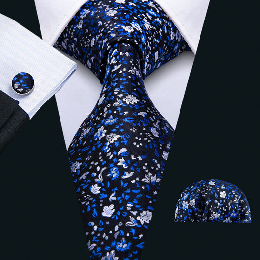 Blue Floral Silk Fabric Tie Hanky Cufflinks Set - barry-wang navy floral tie