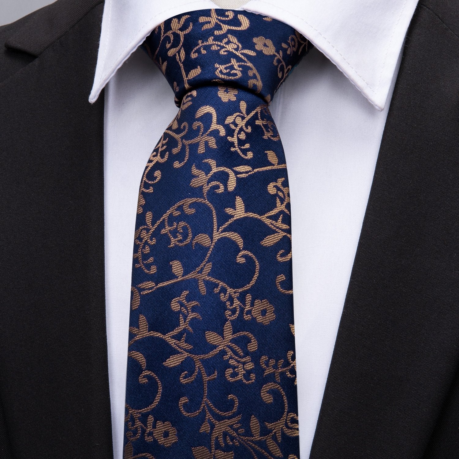 Deep Blue Golden Floral Silk Fabric Tie Hanky Cufflinks Set - barry-wang