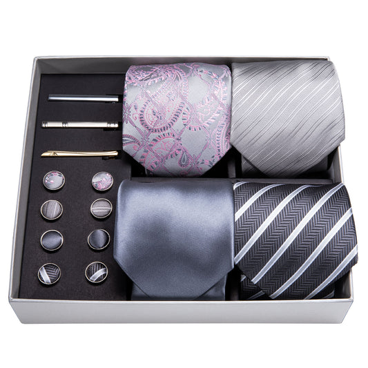 Barry. Wang Men Ties Gray Sliver Floral Silk Men Wedding Necktie Pocket Square Gift Box Set