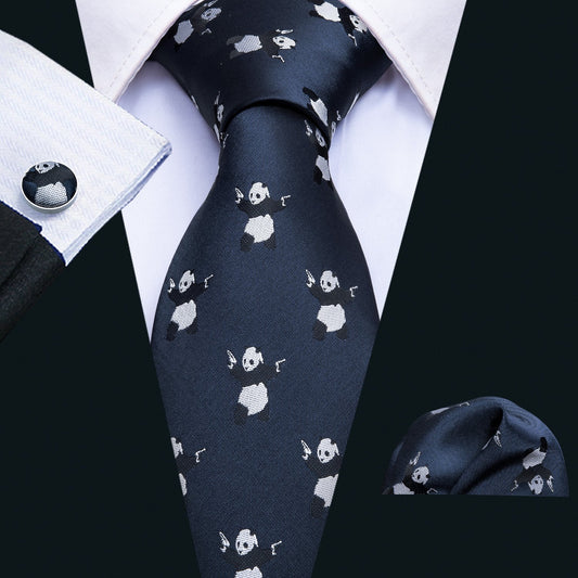 Blue Panda Novelty Silk Men's Tie Hanky Cufflinks Set - barry-wang
