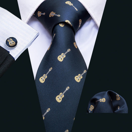 Guitar Blue Novelty Silk Men's Tie Hanky Cufflinks Set - barry-wang