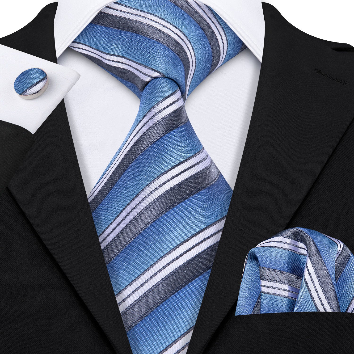 Sky Blue Neckties Striped Tie Pocket Square Cufflinks Set