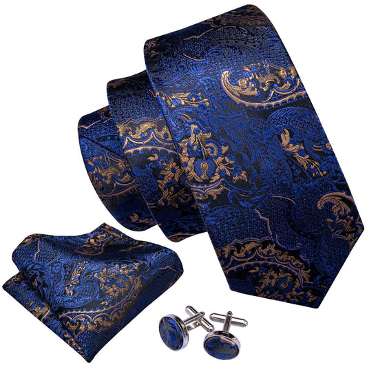 Barry. Wang BarryWang Blue Golden Paisley Tie Pocket Square Cufflinks Set