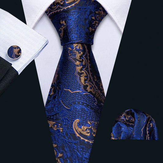 Navy Blue Gold Paisley Men Tie Set 8.5cm Neckties with Ring
