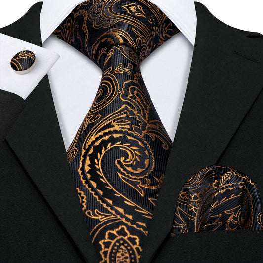 Black Gold Jacquard necktie for men and black suit blazer