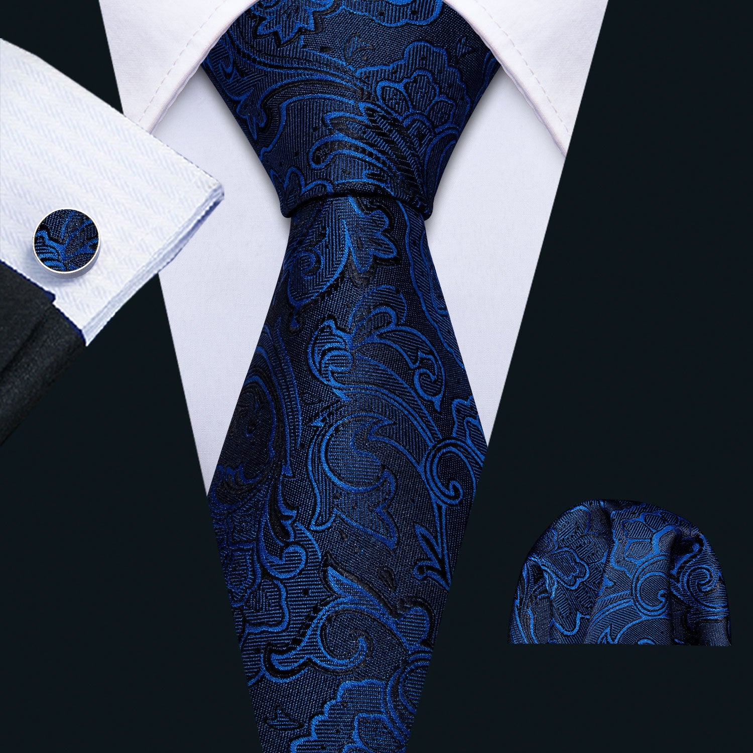Deep Blue Floral Necktie Pocket Square Cufflinks Set - barry-wang