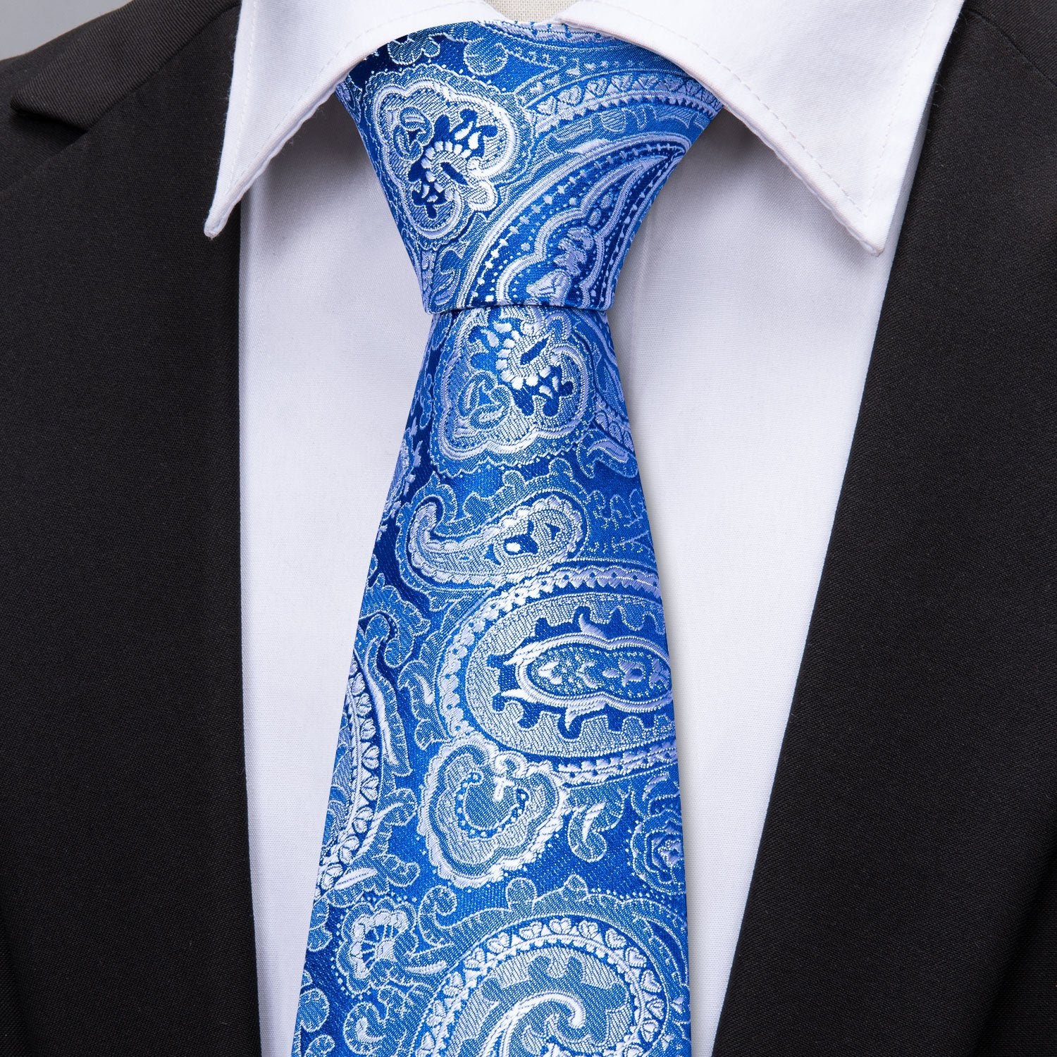 Silver Blue Paisley Necktie Pocket Square Cufflinks Set - barry-wang