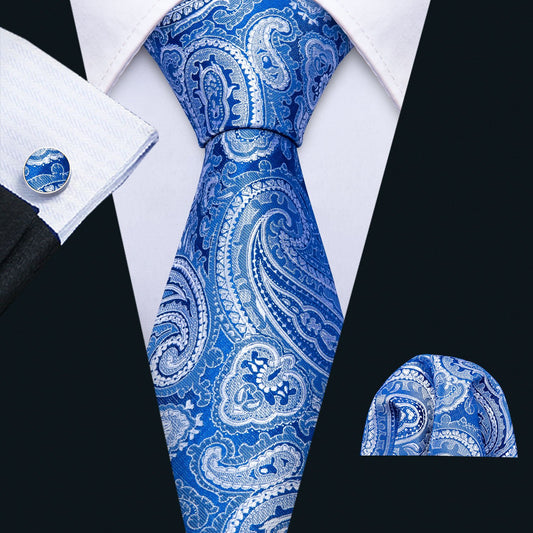 Light Blue Tie Paisley Necktie Pocket Square Cufflinks Set