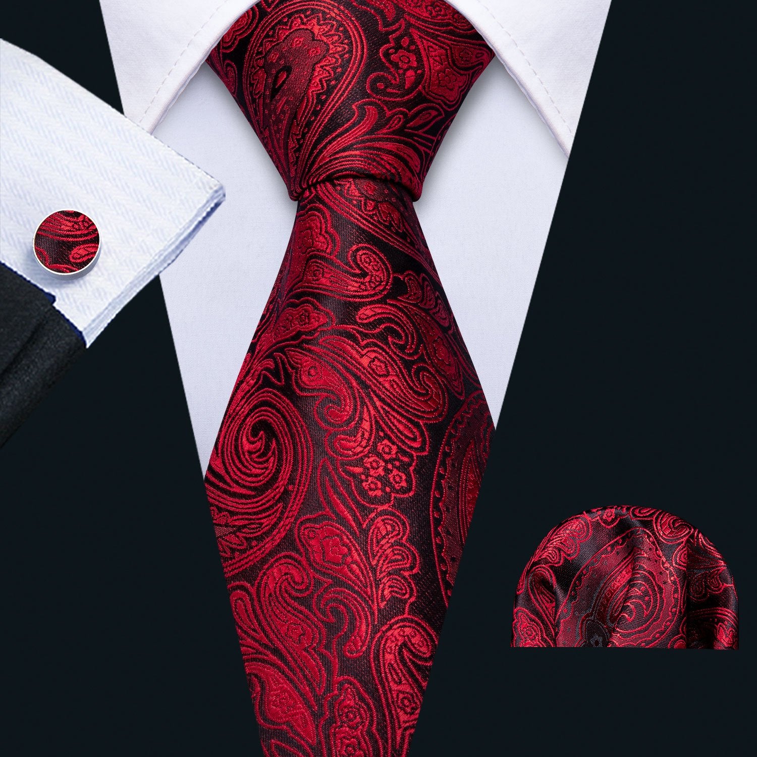 Barry. Wang Paisley Necktie Red Black Silk Tie Hanky Cufflinks Set for Men Wedding Barry. Wang Paisley Necktie Red Black Silk Tie Hanky Cufflinks Set for Men Wedding